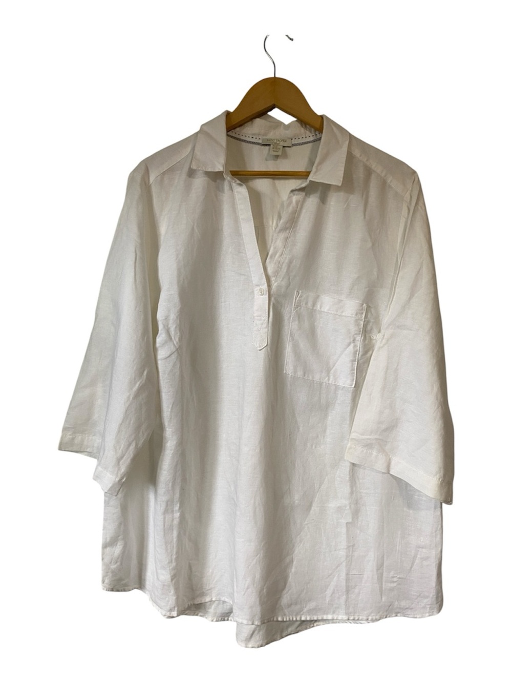 Saint Tropez White Linen Blend Popover Blouse 3/4 Sleeve Roll Tab Coastal 2X